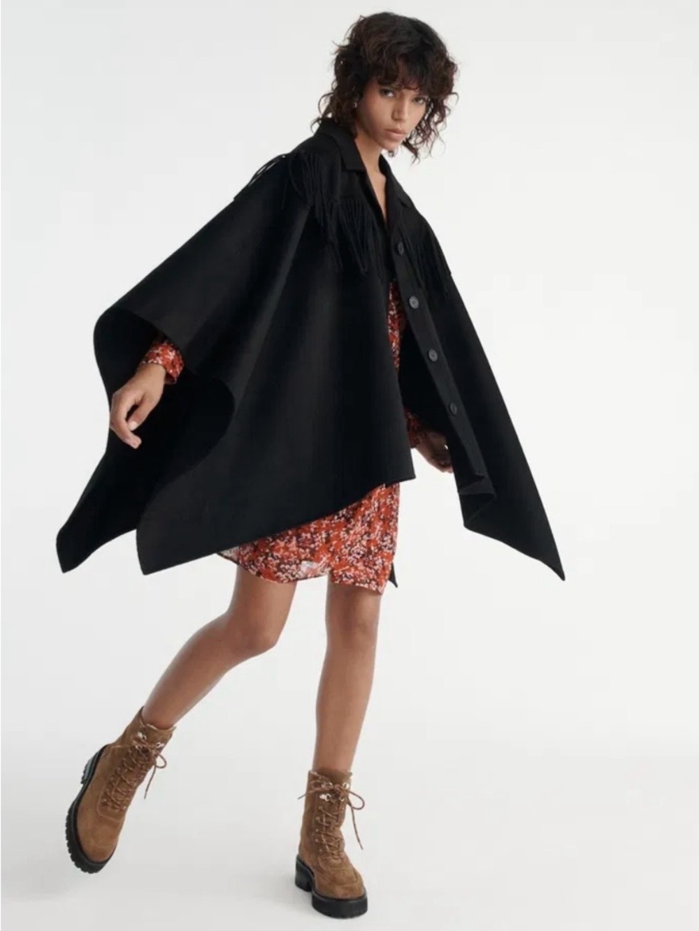 THE KOOPLES Black Wool Blend Western Fringe Poncho Cape NWT MSRP$375